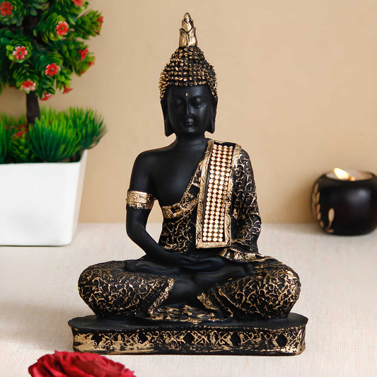 TrendorahubBlack and Golden Meditating Lord Buddha Handcrafted Decorative Showpiece